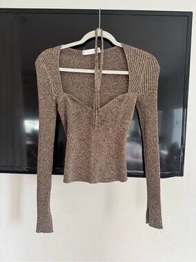 Jonathan simkhai Ribbed Tie-Neck Long Sleeve Top - Brown